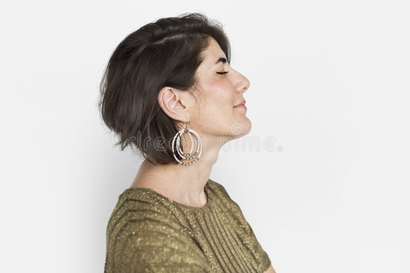 Caucasian Lady Smiling Happy Side View stock photography