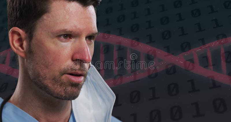 Caucasian male doctor against dna structure spinning and binary coding data processing royalty free stock photography