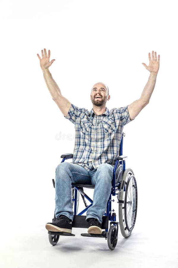 Caucasian man expression smiling and arms outstretched to the sky, disabled on wheelchair royalty free stock images Caucasian man expression smiling and arms outstretched to the sky, disabled on wheelchair royalty free stock images