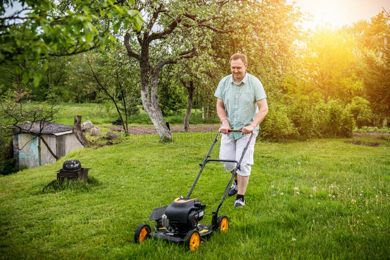 Man is Mowing the Lawn in Summer Stock Photo - Image of gardening ...