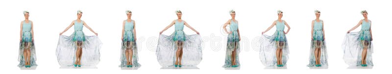 Caucasian model in blue floral dress isolated on white royalty free stock photography Caucasian model in blue floral dress isolated on white royalty free stock photography