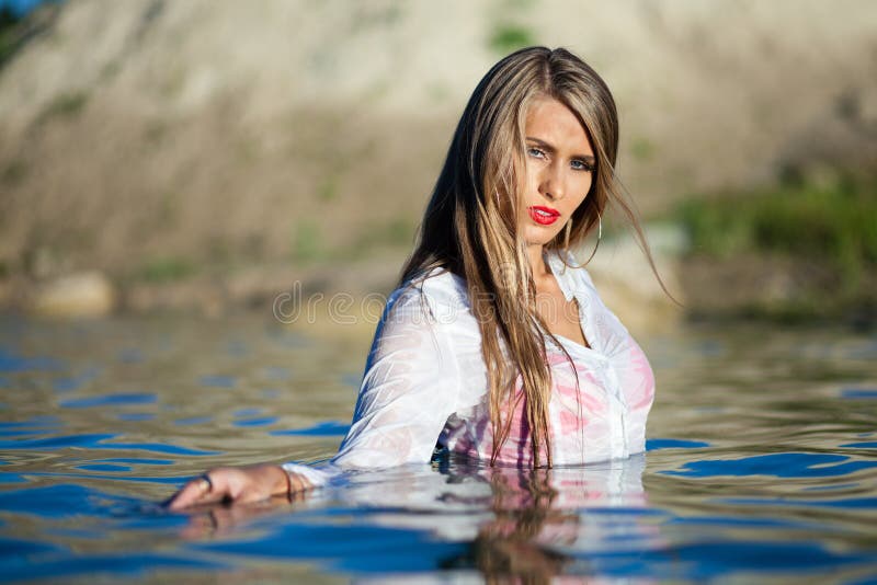 Caucasian Model Posing In Wet White Shirt In Water Stock Image Image Of Shirt Girl 80748437