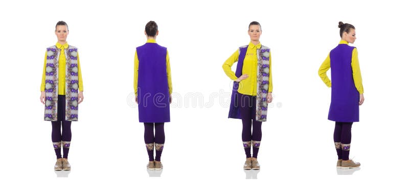 Caucasian model w purpury kamizelce odizolowywającej na bielu dosyć obraz stock Caucasian model w purpury kamizelce odizolowywającej na bielu dosyć obraz stock
