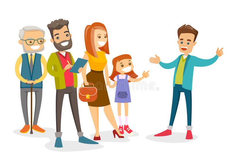 Caucasian tourists having excursion with guide royalty free illustration Caucasian tourists having excursion with guide royalty free illustration