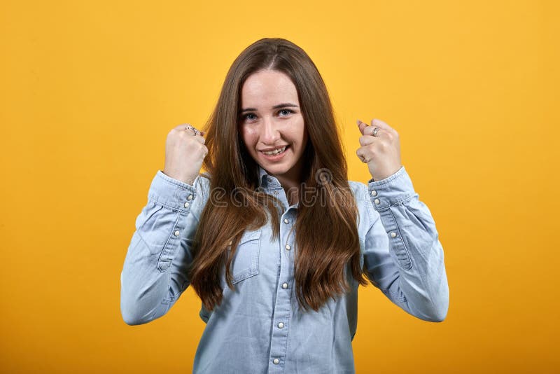 Caucasian Woman in Denim Blue Shirt Keeping Fists Up, Dancing, Ready ...