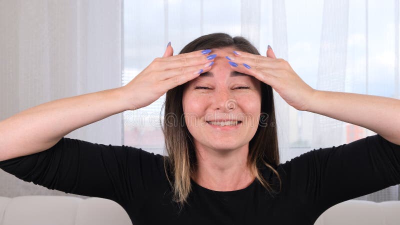 Caucasian Woman Doing Face Massage Along Massage Lines And Points With Hands Facial Massage