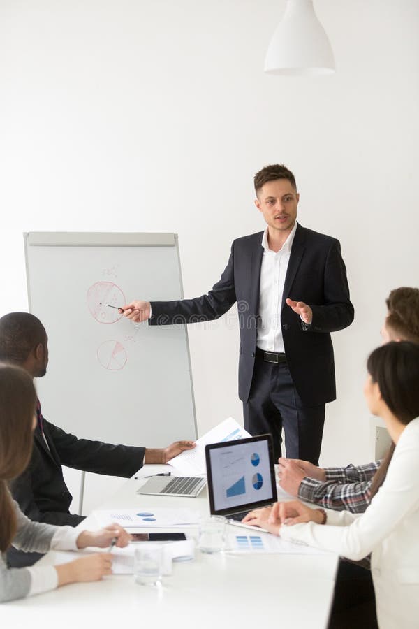 Caucasian worker making presentation in front of diverse work gr stock photos