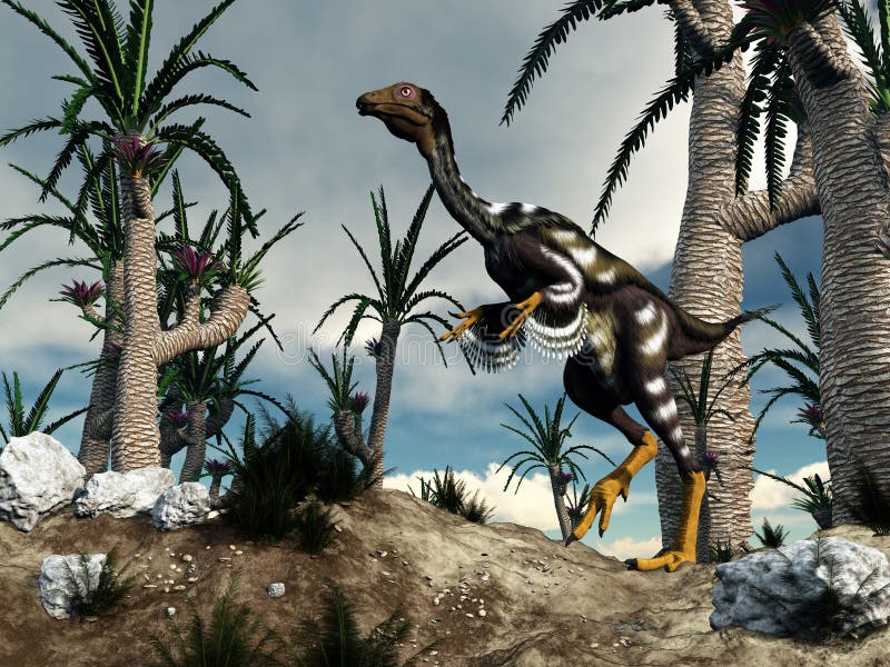 One caudipterix dinosaur walking among williamsonia trees by cloudy day - 3D render. One caudipterix dinosaur walking among williamsonia trees by cloudy day - 3D render