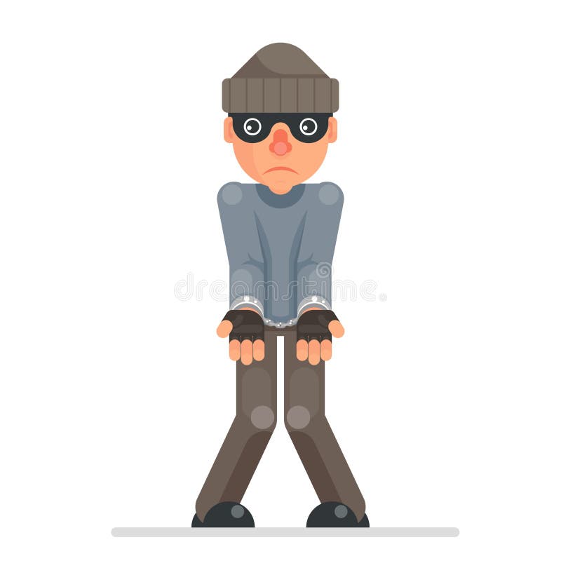 Caught arrested hands handcuff evil greedily thief cartoon rogue bulgar captured character flat design isolated vector