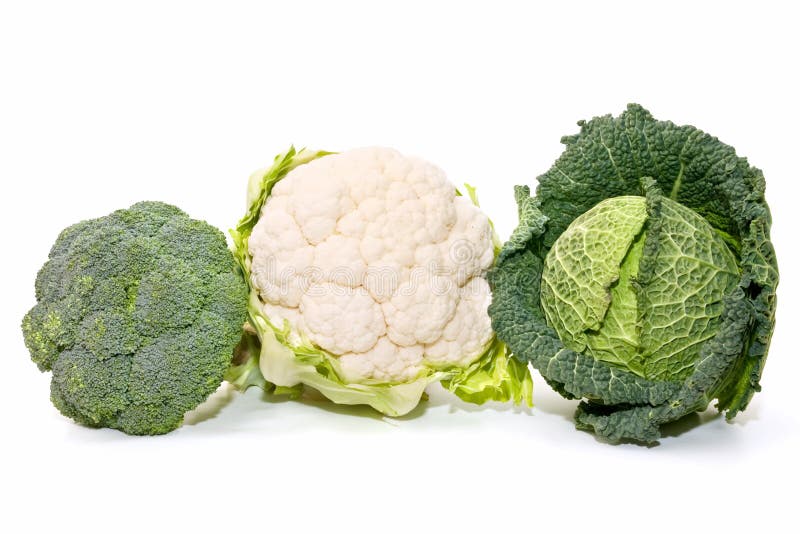 Cauliflower, cabbage and broccoli