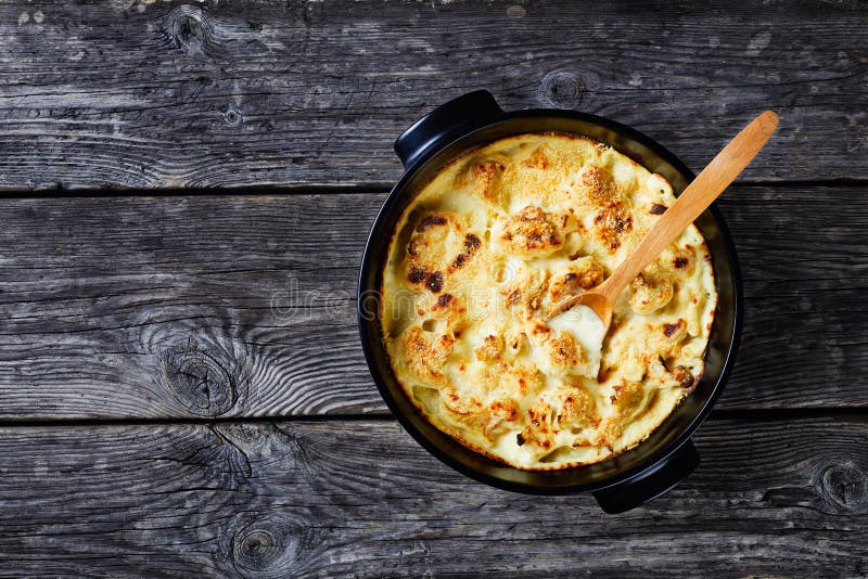 Cauliflower cheese on a baking dish, copy space royalty free stock photography