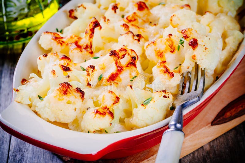 Cauliflower and Cheese Gratin in the Baking Dish Closeup Stock Image