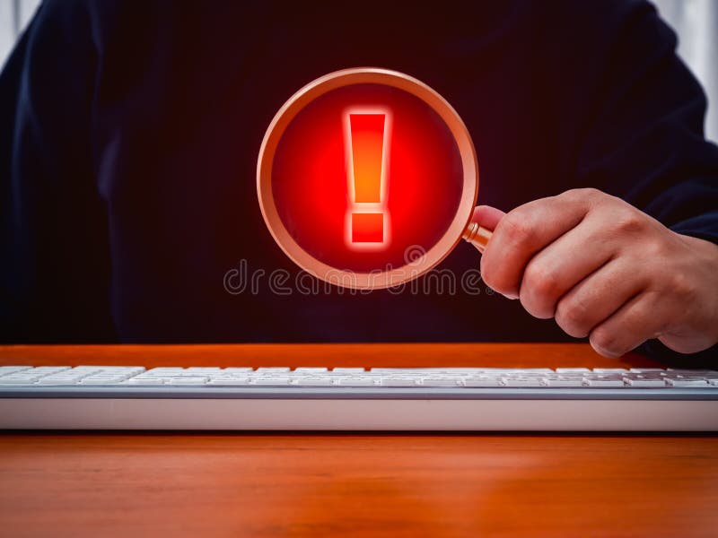Caution alert, fraud, red exclamation mark icon, system hacked error sign, malware, attention danger symbol warning showing in stock images