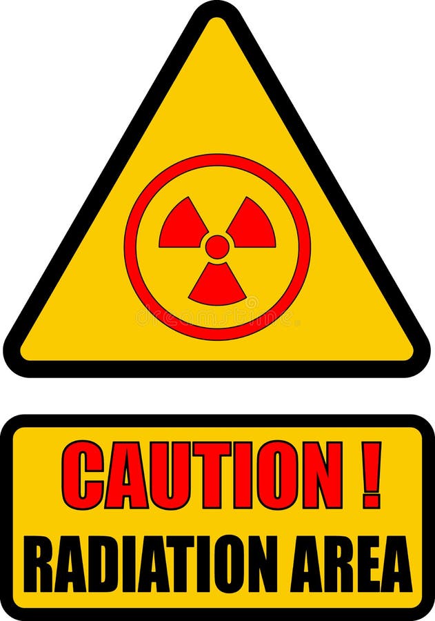 Caution radiation area, warning triangular sign with red symbol and text. vector illustration