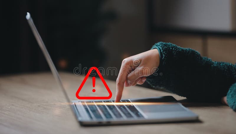 Caution warning for notification error and to be aware of the dangers of being hacked by hackers. stock images