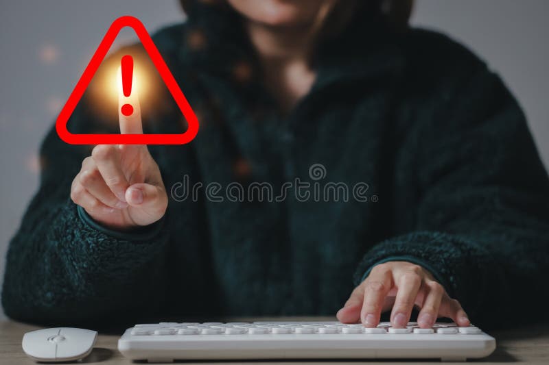 Caution warning for notification error and to be aware of the dangers of being hacked by hackers. stock images