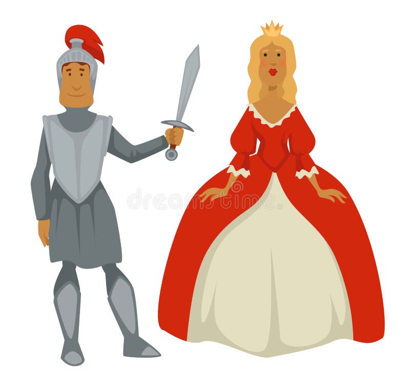 Cavaleiro na armadura e na princesa em car?teres medievais isolados do vestido de bola ilustração royalty free Cavaleiro na armadura e na princesa em car?teres medievais isolados do vestido de bola ilustração royalty free
