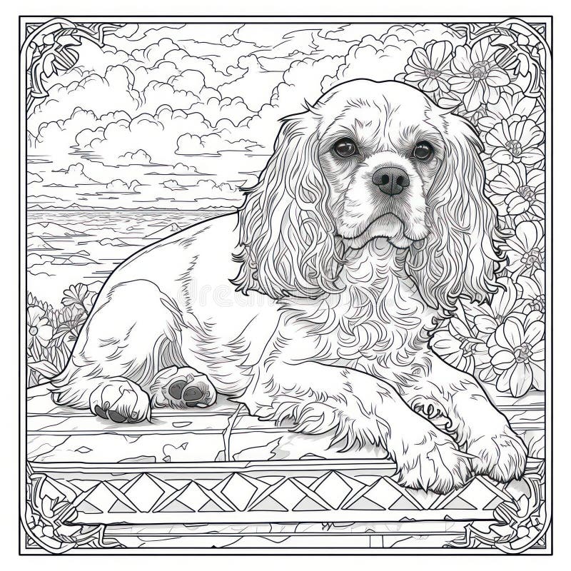 Cavalier King Charles Spaniel Dog Drawing Coloring Book Page Stock ...