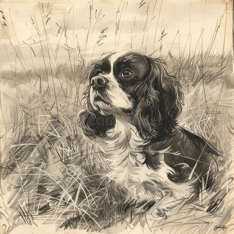Cavalier King Charles Spaniel Dog in the Field Sketch Drawing Stock