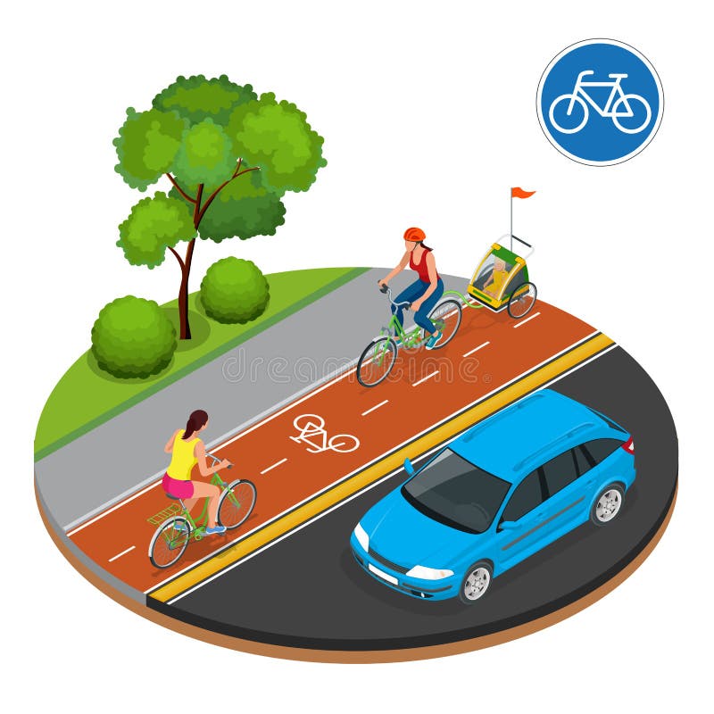 Cavalieri isometrici del segnale stradale e della bici della bicicletta illustrazione di stock Cavalieri isometrici del segnale stradale e della bici della bicicletta illustrazione di stock
