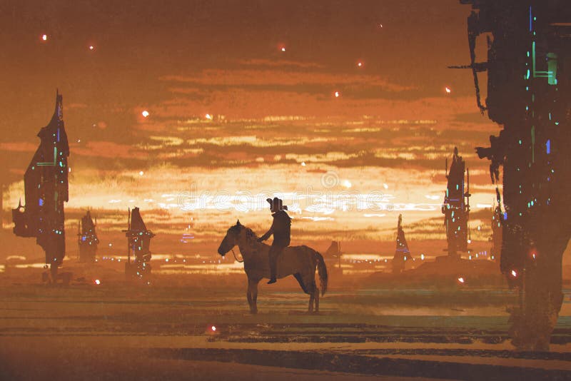 Cavallo da equitazione dell'uomo contro la città futuristica in deserto royalty illustrazione gratis