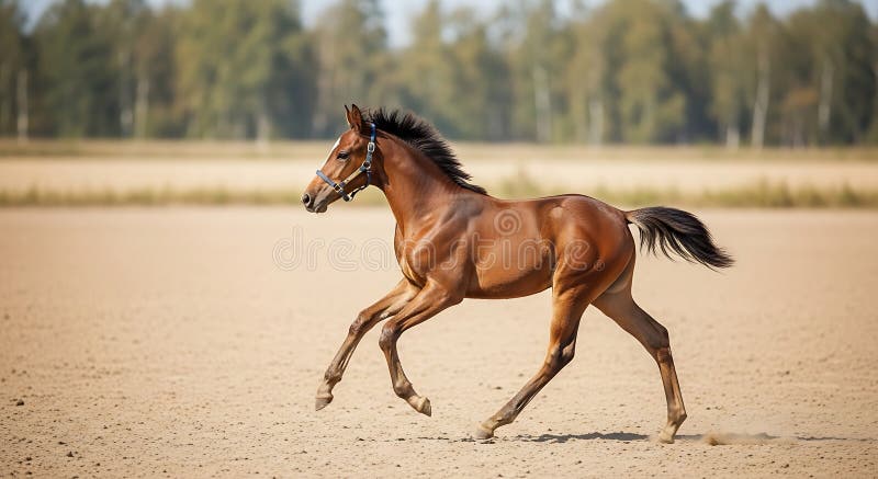 Cavallo di castagna con cappotto lucido che attraversa con sicurezza un campo aperto di sabbiatura. Il illustrazione vettoriale