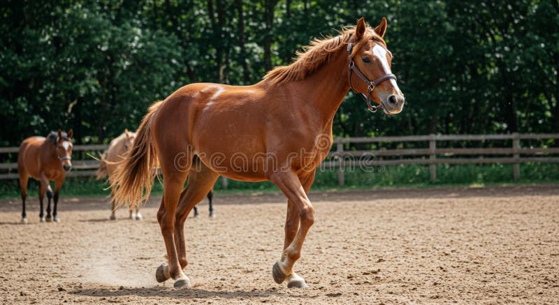 Cavallo di castagna con trote di briglia in un recinto di sabbiatura circondato da verde scuro illustrazione di stock