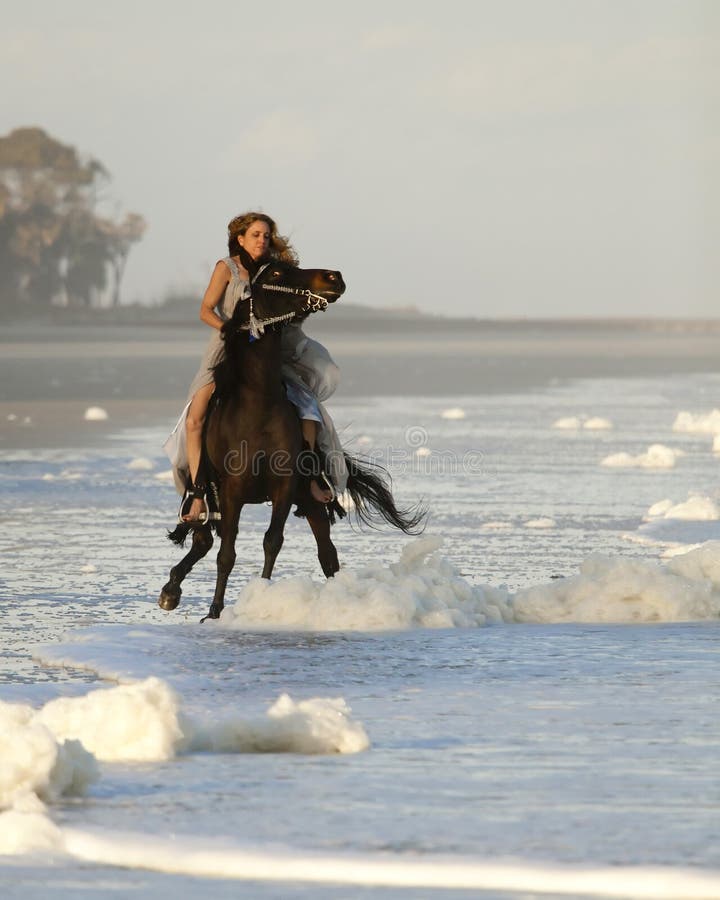 Cavallo selvaggio di guida della donna sulla spiaggia fotografia stock libera da diritti Cavallo selvaggio di guida della donna sulla spiaggia fotografia stock libera da diritti