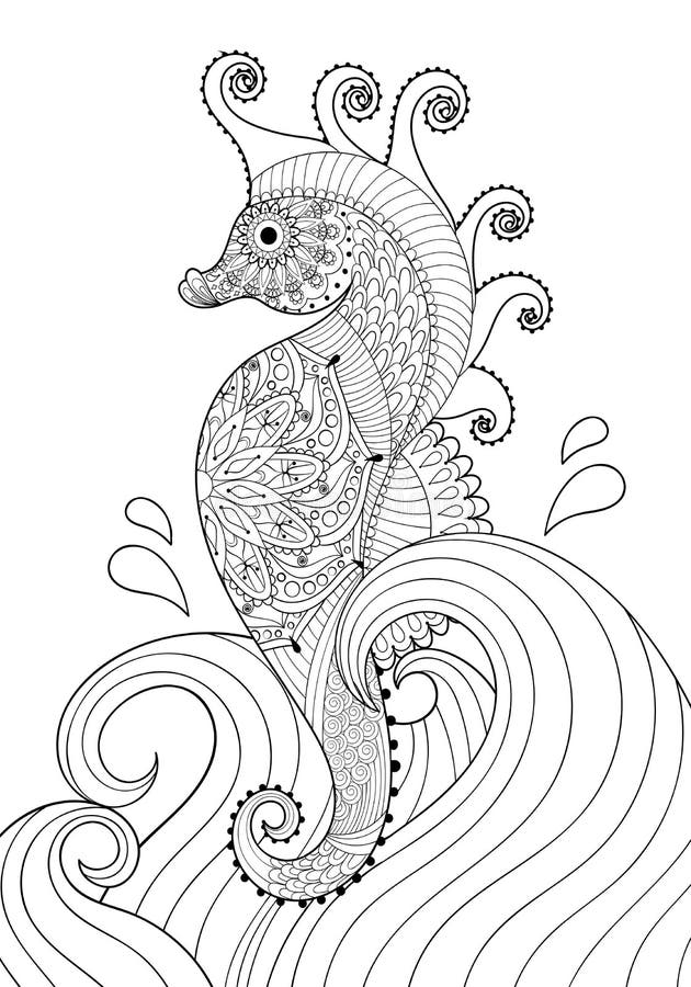 Cavalluccio marino artistico disegnato a mano in onde per la pagina adulta di coloritura