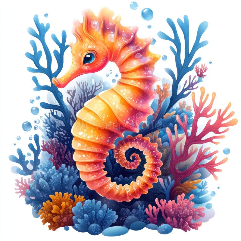Cavalo-marinho em meio à ilustração vibrante do recife de coral ilustração stock