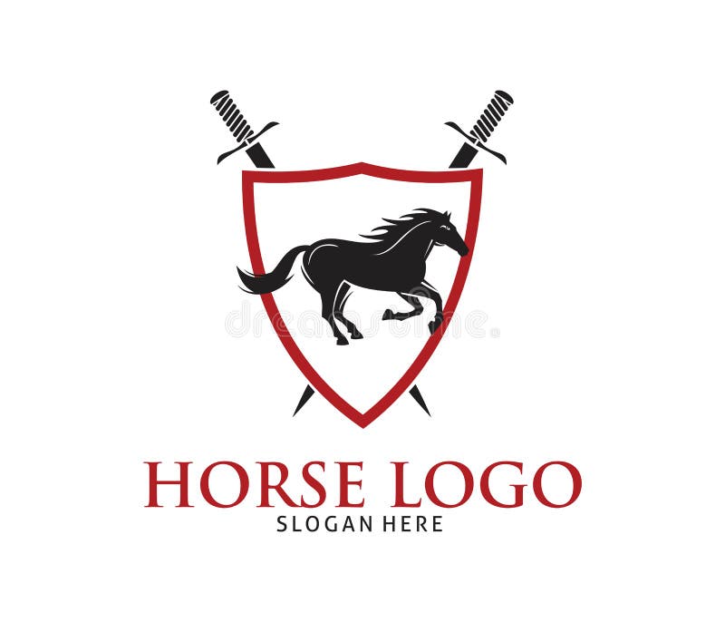 Cavalo running dentro do crachá do protetor com projeto do logotipo da espada ilustração royalty free Cavalo running dentro do crachá do protetor com projeto do logotipo da espada ilustração royalty free