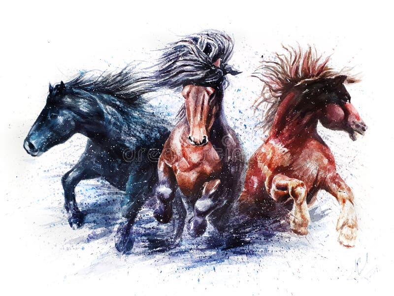 Cavalos corridos, pintura aquosa colorida, animais