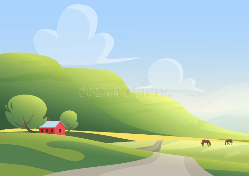 Cavalos vermelhos da casa de campo e da pastagem em lados da estrada do campo contra montes verdes e o céu azul nebuloso Paisagem ilustração stock Cavalos vermelhos da casa de campo e da pastagem em lados da estrada do campo contra montes verdes e o céu azul nebuloso Paisagem ilustração stock