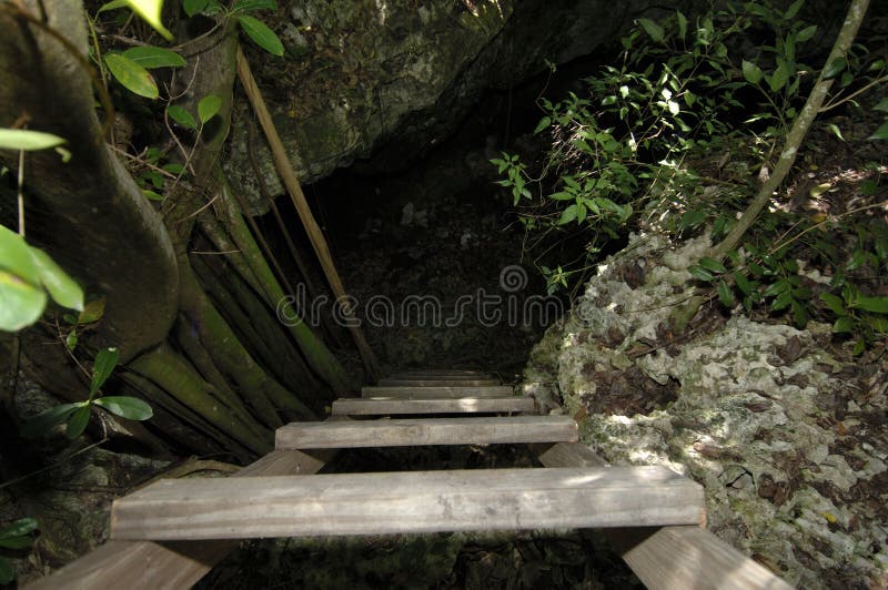 Escalera jefe de abajo sobre el entrada de cueva en remoto ubicación sobre el el agujero en muro sobre el sur el fin de, Islas.