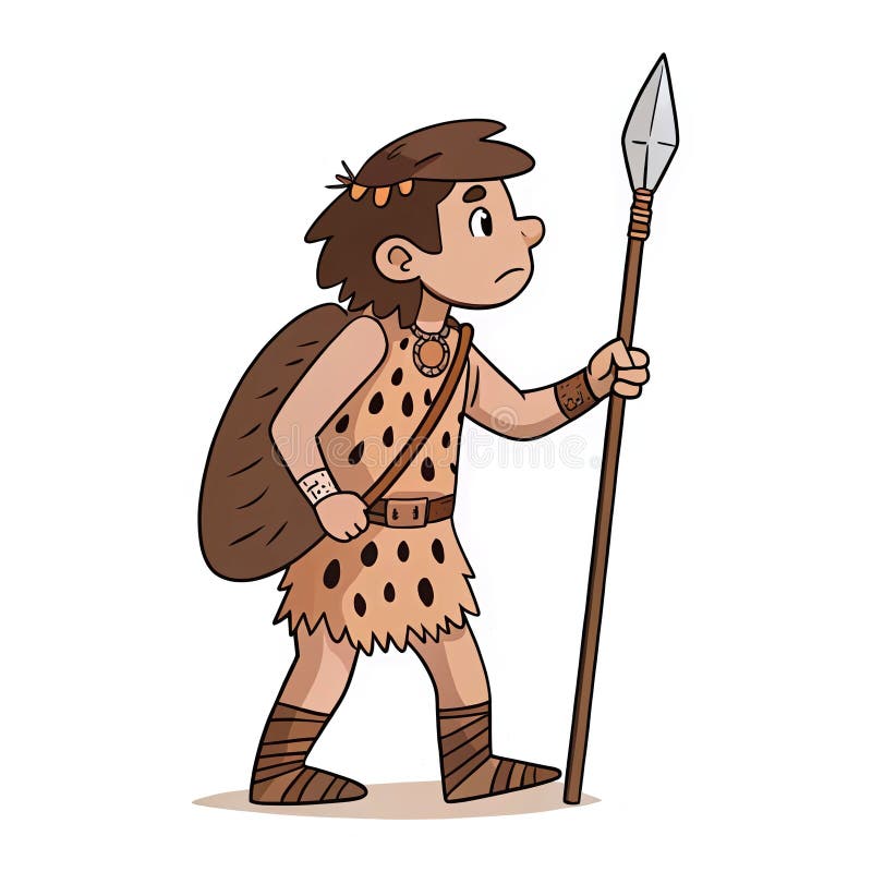 Cave Explorer Character with Spear and Shield in Primitive Attire on Transparent Background stock illustration