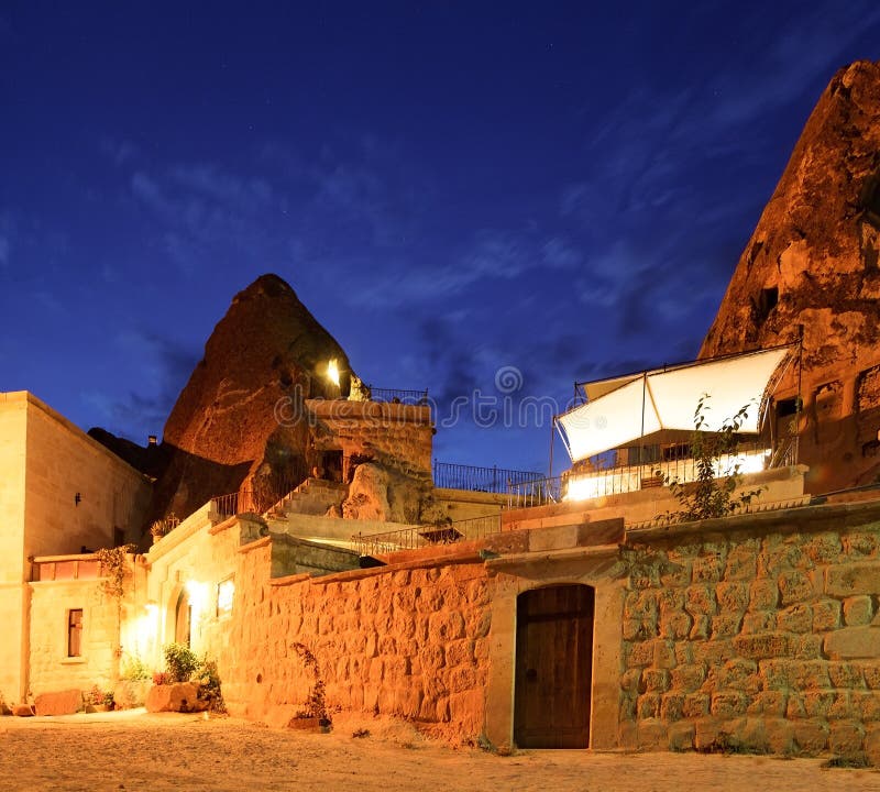 Cave Hotel at night Goreme Turkey