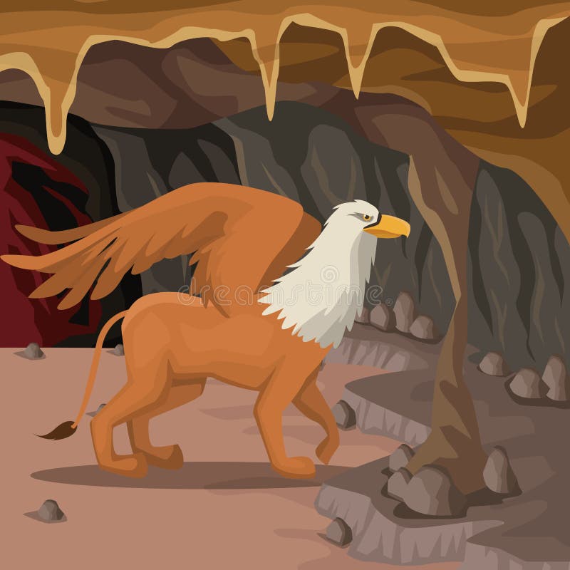 Cave interior background with griff greek mythological creature