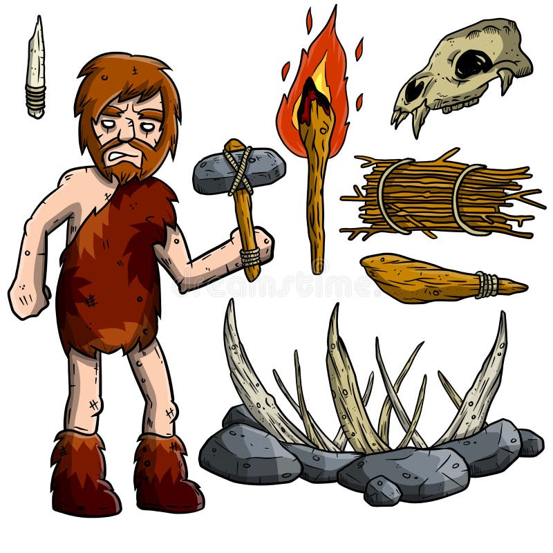 Set Of Items Of Primitive Man And Hunter. Weapons Of Caveman