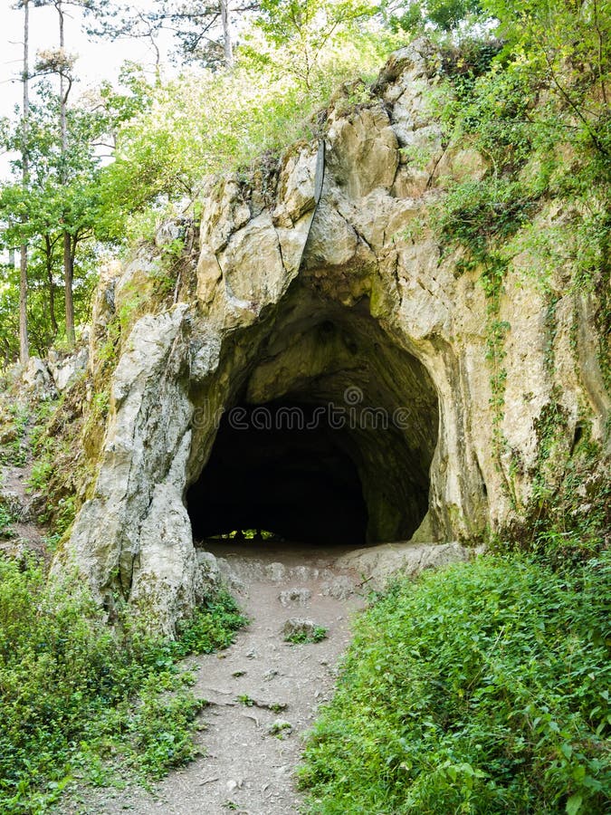 Jaskyňa v skale obklopená zelenými listami