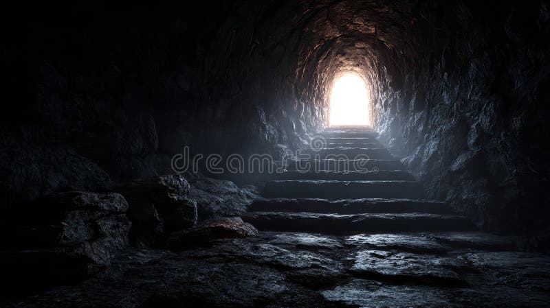 Cave tunnel stone stair dark passage light glow rocky wall ancient mysterious moody dramatic atmospheric exit stock illustration