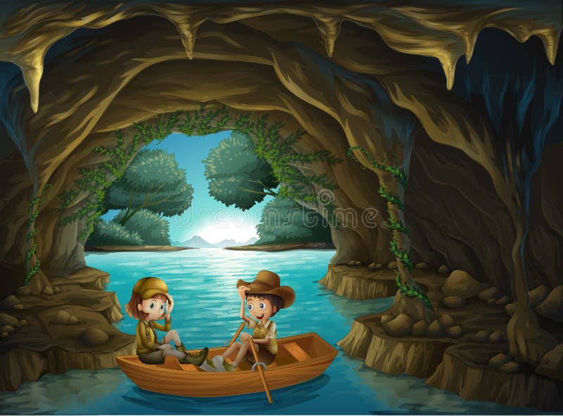 A Cave With Two Kids Riding In A Wooden Boat Stock Vector ...