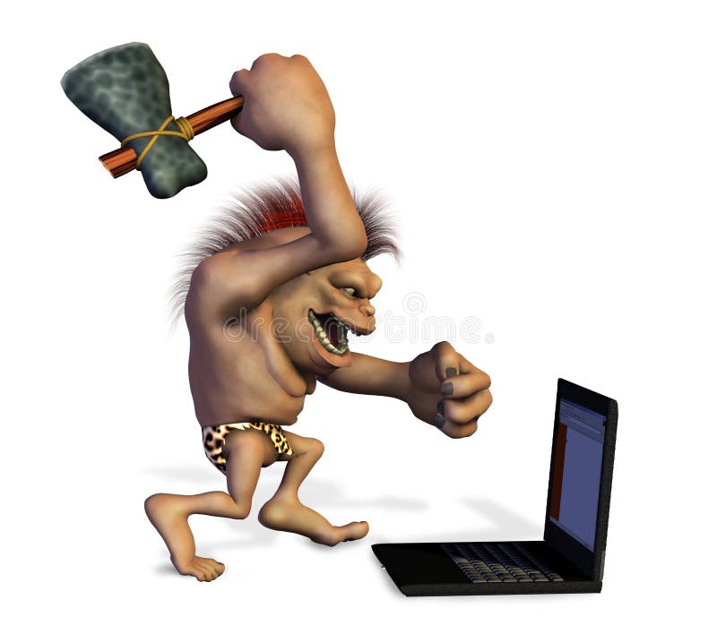 Caveman che uccide un computer portatile