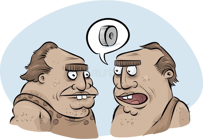 A couple of cartoon cavemen discuss inventing the wheel. A couple of cartoon cavemen discuss inventing the wheel.