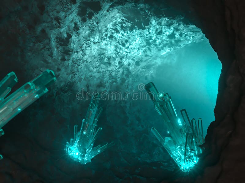 Caverna illuminata magia con il cristallo dentro 3d rendono illustrazione vettoriale