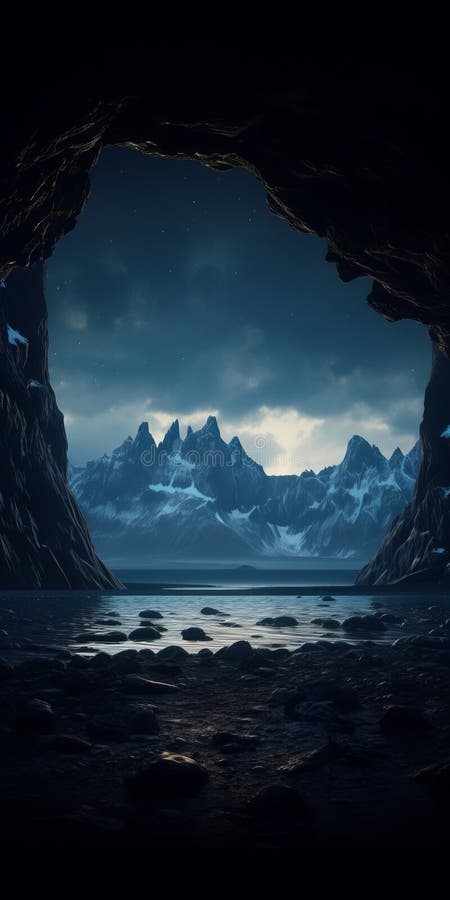 Caverna irremediablemente realista con hielo y paisaje montañoso por la noche libre illustration