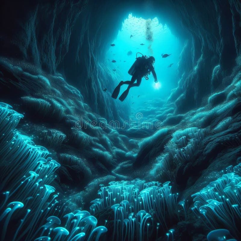 Caverna sottomarina un tuffatore che esplora una misteriosa grotta sottomarina illustrazione di stock