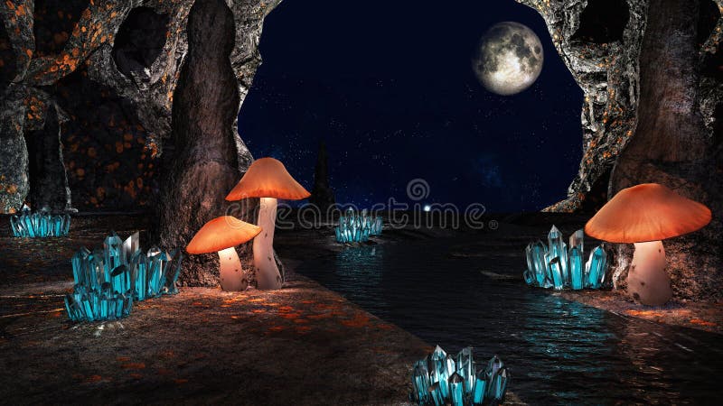 Caverne avec les champignons rougeoyants illustration stock Caverne avec les champignons rougeoyants illustration stock