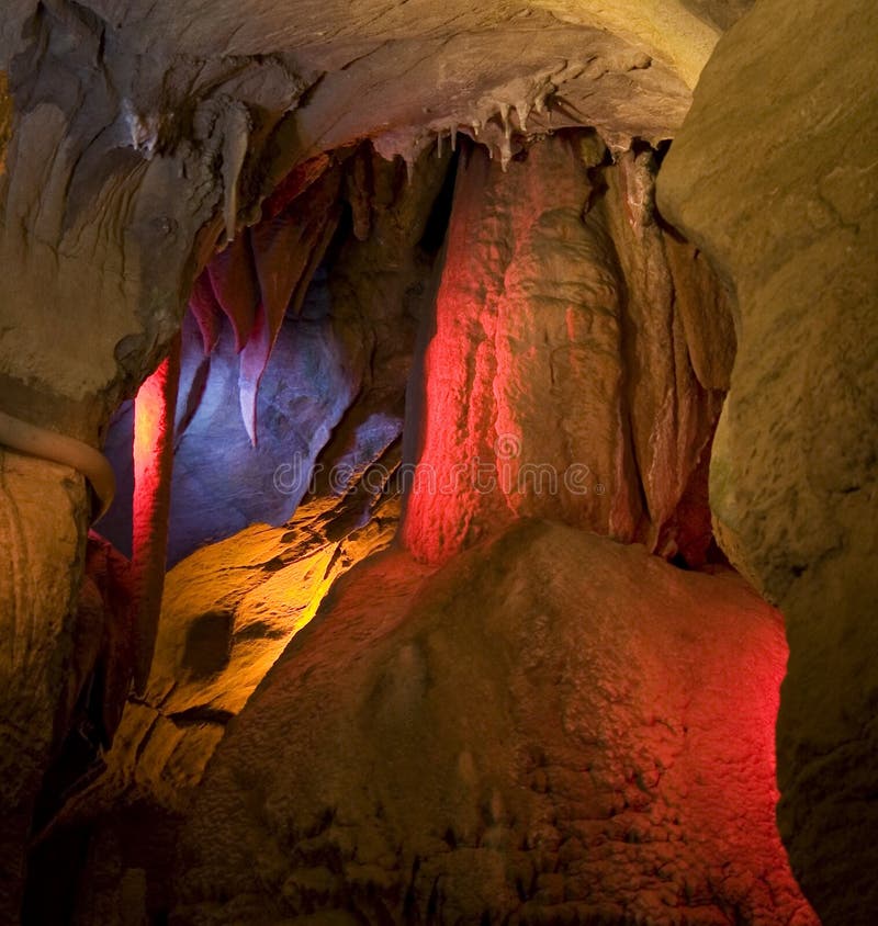 Limestone wall lit by colored lights, Skyline Caverns, Virginia. Limestone wall lit by colored lights, Skyline Caverns, Virginia.