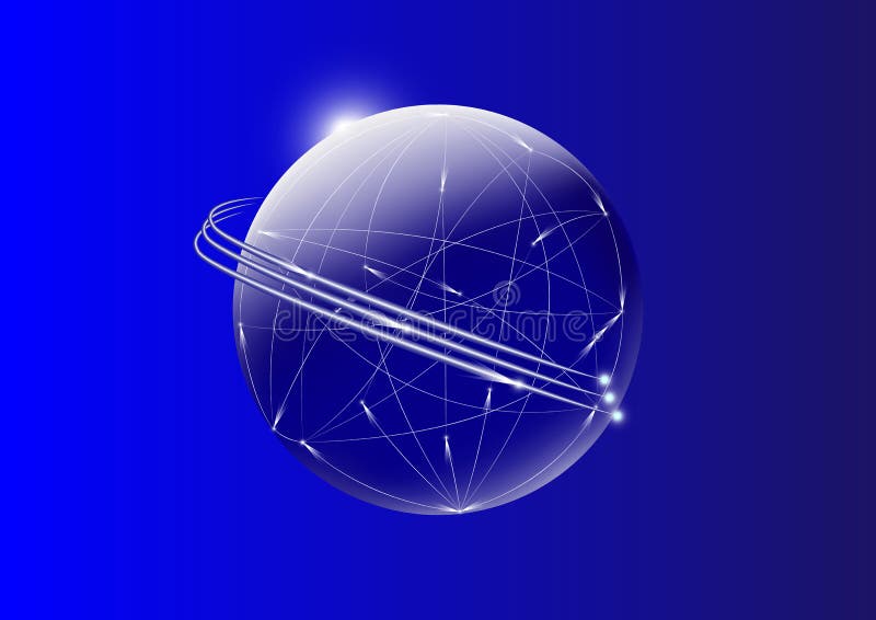Cavi di comunicazione attraverso il globo con luce commovente su fondo blu illustrazione vettoriale Cavi di comunicazione attraverso il globo con luce commovente su fondo blu illustrazione vettoriale