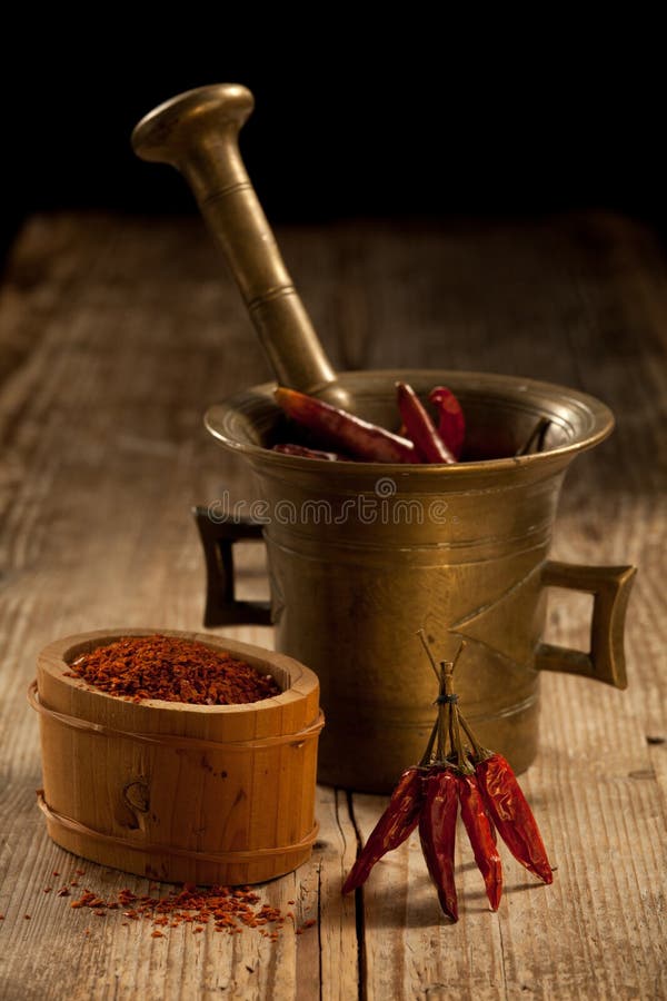 Cayenne pods in pounder and milled pepper